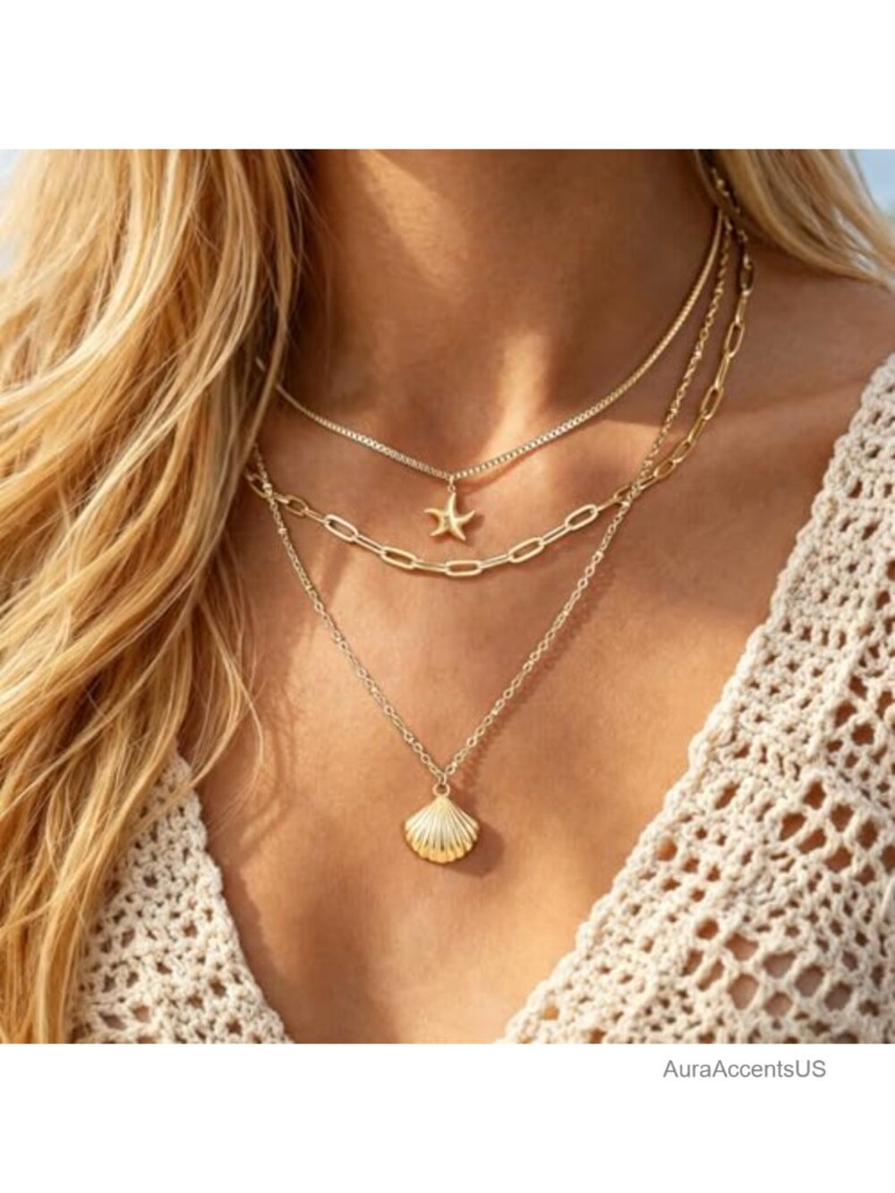 14k Gold Plated Starfish & Seashell Layered Necklace Set, Adjustable Chain, Non - Picture 5 of 6